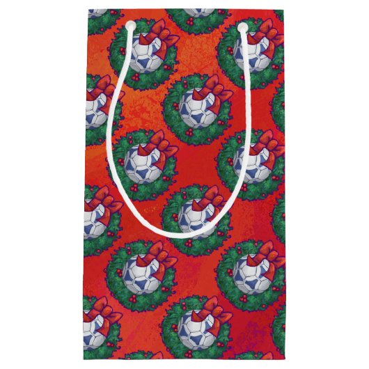 フェスティバルブルー白サッカーの赤のボールパターン スモールペーパーバッグ (正面)