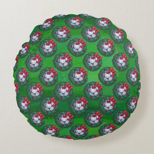 フェスティバルブルー白サッカーの赤のボールパターン ラウンドクッション (正面)