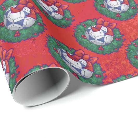 フェスティバルブルー白サッカーの赤のボールパターン ラッピングペーパー (ロールコーナー)