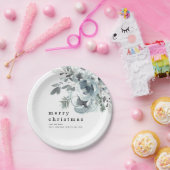 フェスティバルブルー花模様の葉名メリークリスマス ペーパープレート (パーティー)