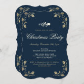 フェスティバルブルー金ゴールドクリスマスホリデーパーティー 招待状 (正面/裏面)