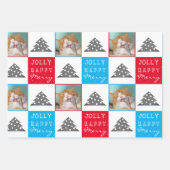 フェスティバルブルー&レッドキャットフォトクリスマスツリー ラッピングペーパーシート (正面)