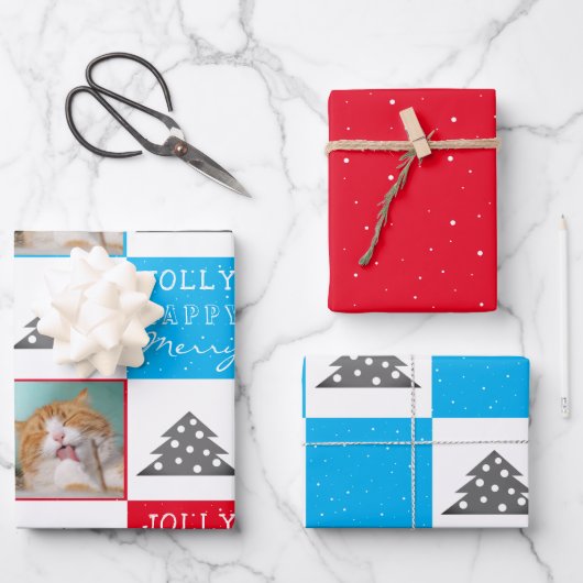 フェスティバルブルー&レッドキャットフォトクリスマスツリー ラッピングペーパーシート (正面)