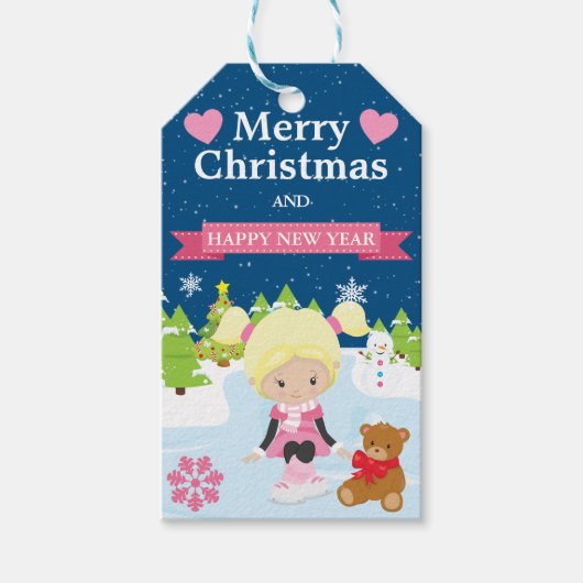 フェスティバルブロンドフォールドアイススケートで滑るガール ギフトタグ (正面)
