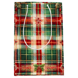 フェスティバルプレイドクリスマス抱き枕と雪片 ミディアムペーパーバッグ