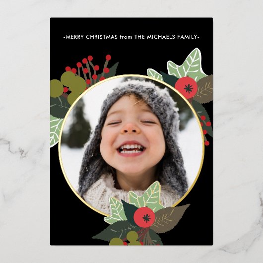 フェスティバルベリーリースとサークルフォトクリスマス 箔招待状 (正面)