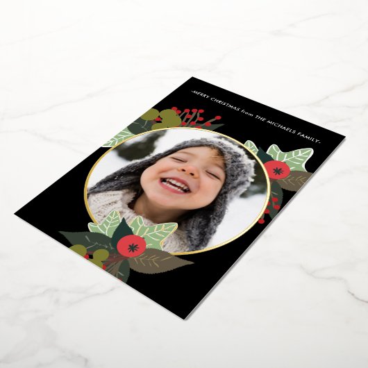 フェスティバルベリーリースとサークルフォトクリスマス 箔招待状 (回転した状態)