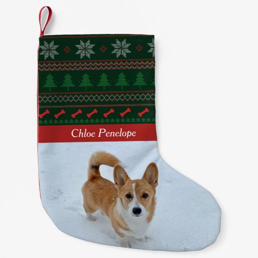 フェスティバルペットフォトレッドグリーンツリーカスタムドッグ スモールクリスマスストッキング (正面)