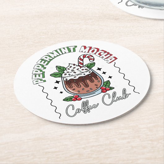 フェスティバルペパーミントモカコーヒーカップデザイン ラウンドペーパーコースター (アングル)