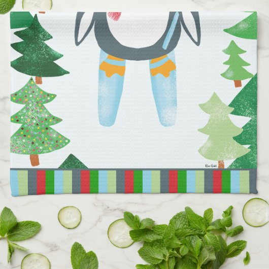 フェスティバルペンギンスキークリスマスデザイン キッチンタオル (折り畳み)