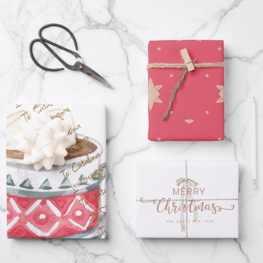 フェスティバルホットココアマグカップ3パッククリスマスギフトラップ ラッピングペーパーシート (正面)