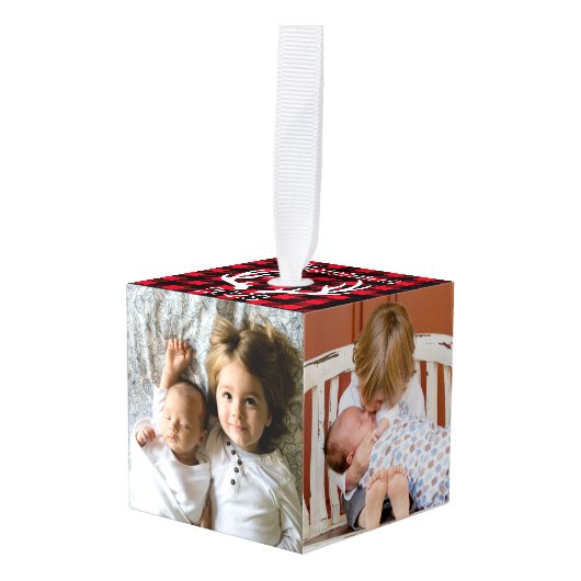 フェスティバルホリデイプライド鹿〔雄ジカの〕枝角4家族写真 キューブオーナメント (正面アングル)