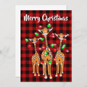 フェスティバルホリデーキリン、きらびやかな光、赤い格子模様 招待状 (正面/裏面)