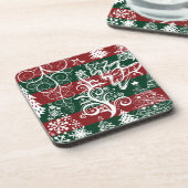 フェスティバルホリデークリスマスツリーレッドグリーンストライプの コースター (左側)
