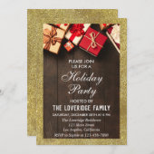 フェスティバルホリデークリスマスパーティーギフト金ゴールドグリッター 招待状 (正面/裏面)
