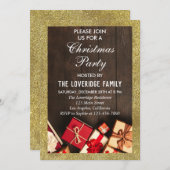 フェスティバルホリデークリスマスパーティーギフト金ゴールドグリッター 招待状 (正面/裏面)