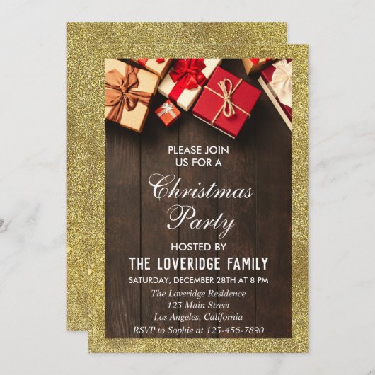 フェスティバルホリデークリスマスパーティーギフト金ゴールドグリッター 招待状 (正面/裏面)