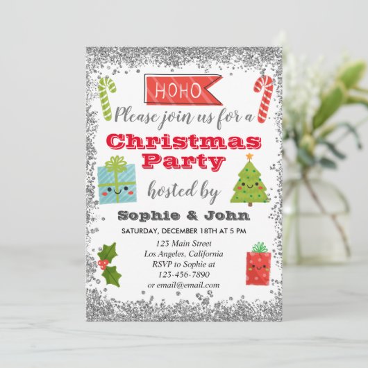 フェスティバルホリデークリスマスパーティーシルバーグリッター 招待状 (スタンド正面)
