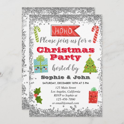 フェスティバルホリデークリスマスパーティーシルバーグリッター 招待状 (正面/裏面)