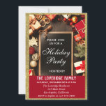 フェスティバルホリデークリスマスパーティーレッド&金ゴールドグリッター 招待状<br><div class="desc">フェスティバルの休日のパーティーの招待と輝く金ゴールドのグリッターと赤い贈り縁ど物で飾り立て黒い茶色の木の黒い黒板を囲む。パーティー詳細は書白色で背景が明るい。これは完璧な休日/クリスマス/冬の招待！</div>