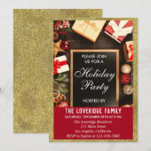 フェスティバルホリデークリスマスパーティーレッド&金ゴールドグリッター 招待状 (正面/裏面)