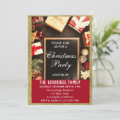 フェスティバルホリデークリスマスパーティーレッド&金ゴールドグリッター 招待状 (スタンド正面)