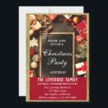 フェスティバルホリデークリスマスパーティーレッド&金ゴールドグリッター 招待状<br><div class="desc">フェスティバル休日金ゴールドのグリッターが輝くクリスマスのパーティの招待状と、素朴な茶色の木の上の黒いチョーク縁どボードを囲む弓と赤い贈り物。パーティー詳細は書白色で背景が明るい。これは完璧な休日/クリスマス/冬の招待！</div>