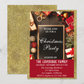 フェスティバルホリデークリスマスパーティーレッド&金ゴールドグリッター 招待状 (正面/裏面)