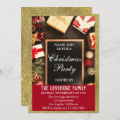 フェスティバルホリデークリスマスパーティーレッド&金ゴールドグリッター 招待状 (正面/裏面)