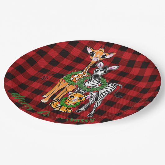 フェスティバルホリデーサファリの友人、赤い黒の格子柄 ペーパープレート (アングル)