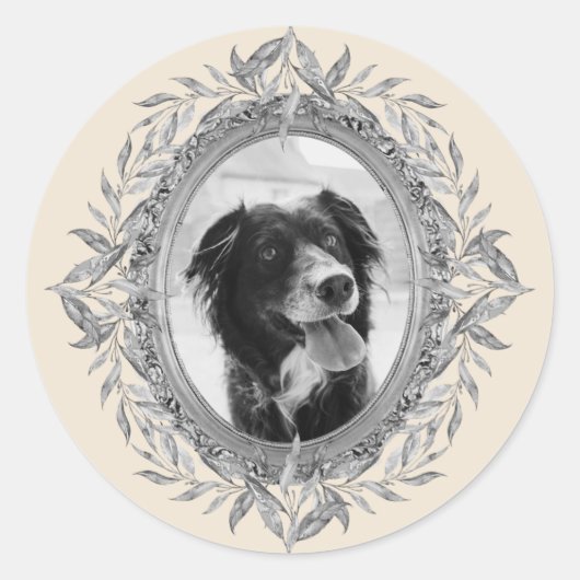 フェスティバルホリデーシルバー葉リース写真 ラウンドシール (正面)