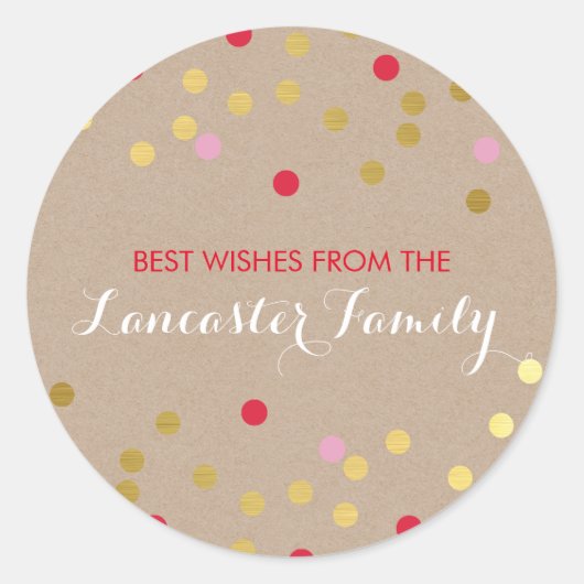 フェスティバルホリデーシール紙吹雪パターン金ゴールドクラフト ラウンドシール (正面)