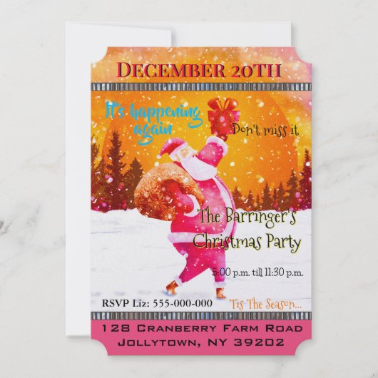 フェスティバルホリデーピンクサンタクロースクリスマスパーティー 招待状 (正面)