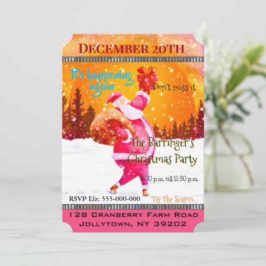 フェスティバルホリデーピンクサンタクロースクリスマスパーティー 招待状 (スタンド正面)
