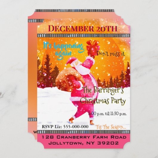 フェスティバルホリデーピンクサンタクロースクリスマスパーティー 招待状 (正面/裏面)