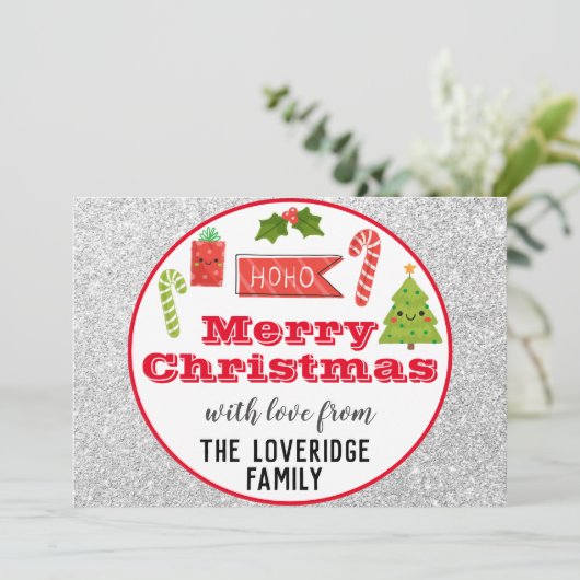 フェスティバルホリデーメリークリスマスレッドシルバーグリッター シーズンカード (スタンド正面)