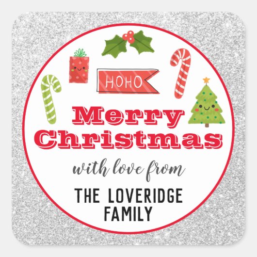 フェスティバルホリデーメリークリスマスレッドシルバーグリッター スクエアシール (正面)