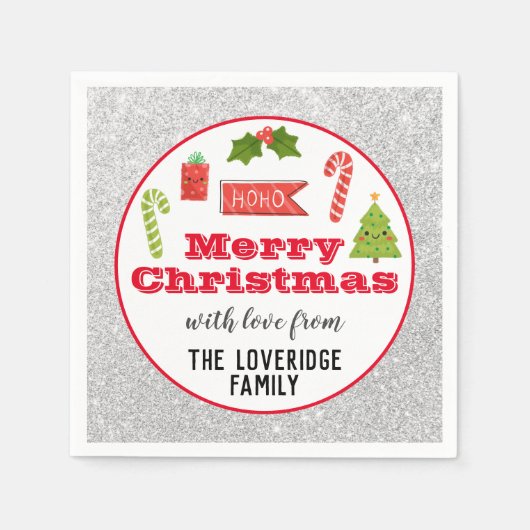 フェスティバルホリデーメリークリスマスレッドシルバーグリッター スタンダードカクテルナプキン (正面)