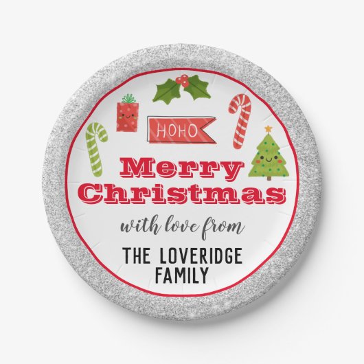 フェスティバルホリデーメリークリスマスレッドシルバーグリッター ペーパープレート (正面)