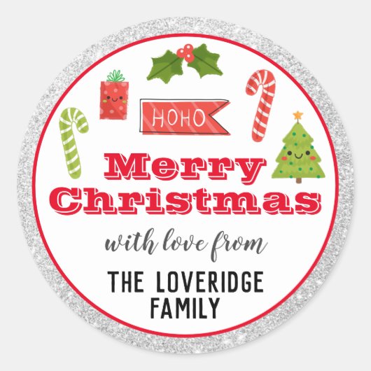 フェスティバルホリデーメリークリスマスレッドシルバーグリッター ラウンドシール (正面)