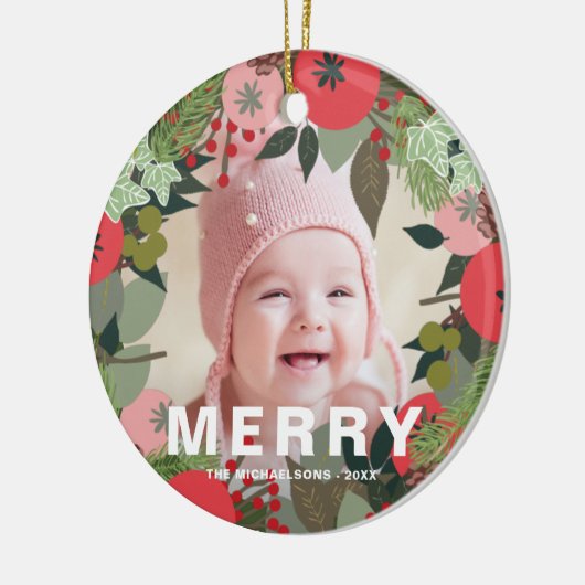 フェスティバルホリデーリースとジョイタイポグラフィ写真 セラミックオーナメント (左)