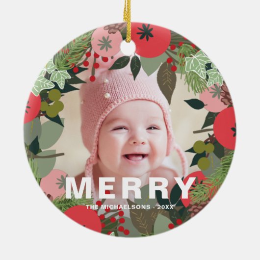 フェスティバルホリデーリースとジョイタイポグラフィ写真 セラミックオーナメント (裏面)