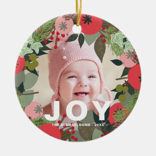 フェスティバルホリデーリースとジョイタイポグラフィ写真 セラミックオーナメント (正面)