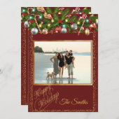 フェスティバルホリーガーランド | 赤と金ゴールドのグリッター写真 シーズンカード (正面/裏面)