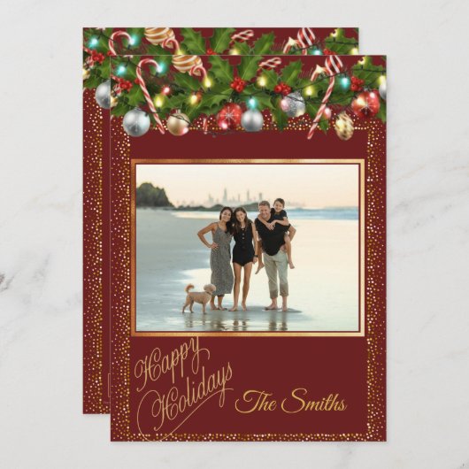 フェスティバルホリーガーランド | 赤と金ゴールドのグリッター写真 シーズンカード (正面/裏面)