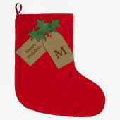フェスティバルホリースプリングレッドモノグラムのハッピーホリデイズ ラージクリスマスストッキング (正面)