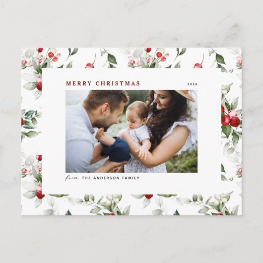 フェスティバルホリーパターンメリークリスマスフォト シーズンポストカード (正面)