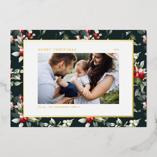 フェスティバルホリーパターンメリークリスマスフォト 箔シーズンカード (正面)