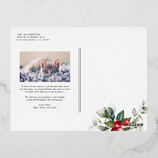 フェスティバルホリーパターンメリークリスマスフォト 箔シーズンポストカード (裏面)