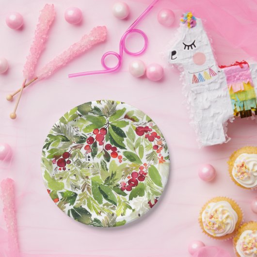 フェスティバルホリーベリーとエバーグリーンウォーター色 ペーパープレート (パーティー)